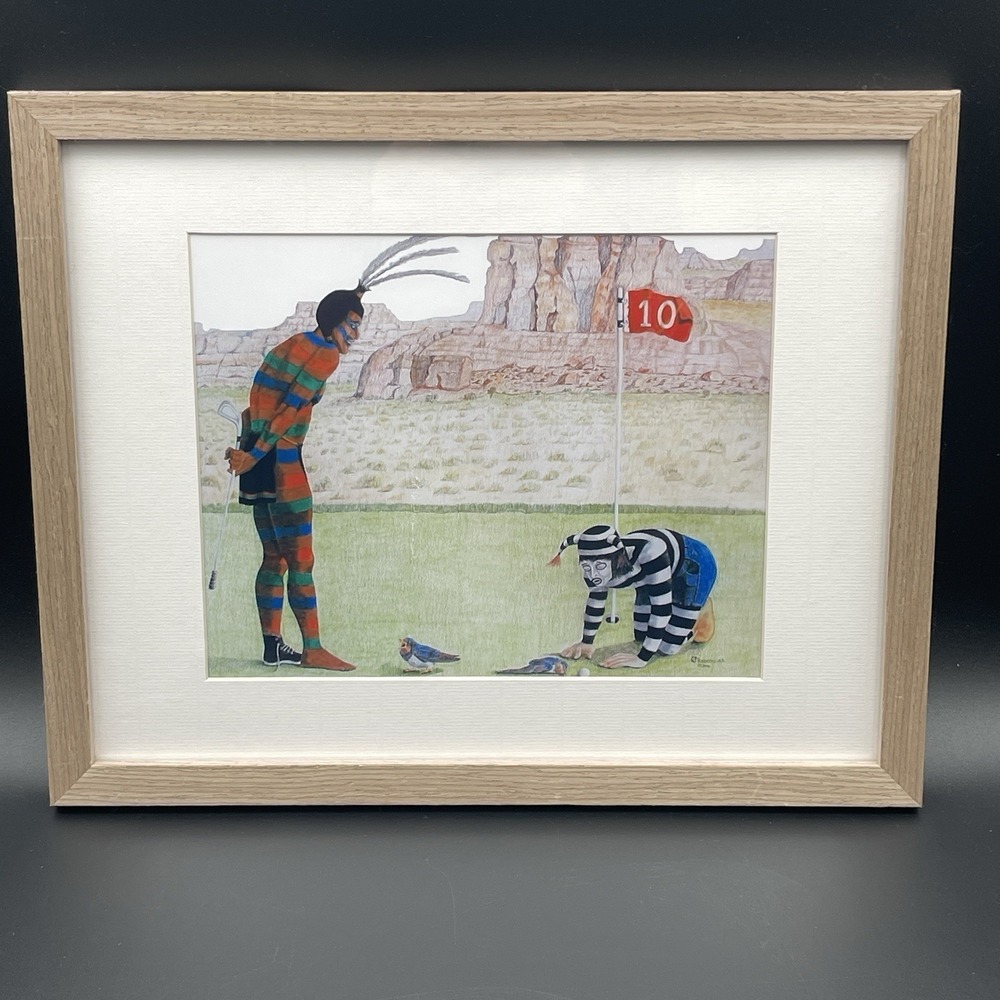 Southwestern Surreal‎ Golf Art Print Tribal Inspired Clown Desert Scene Framed